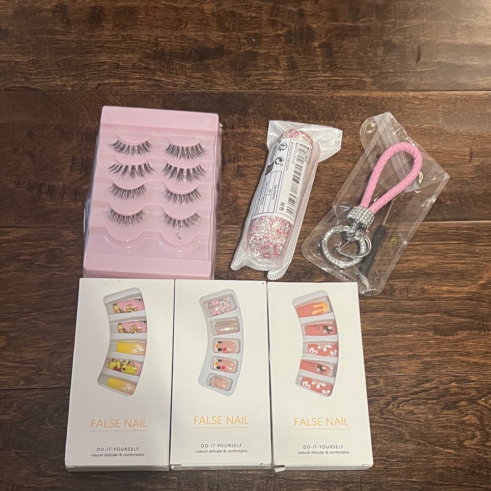 Pink Keychain with Pink False Nails and Lash Set